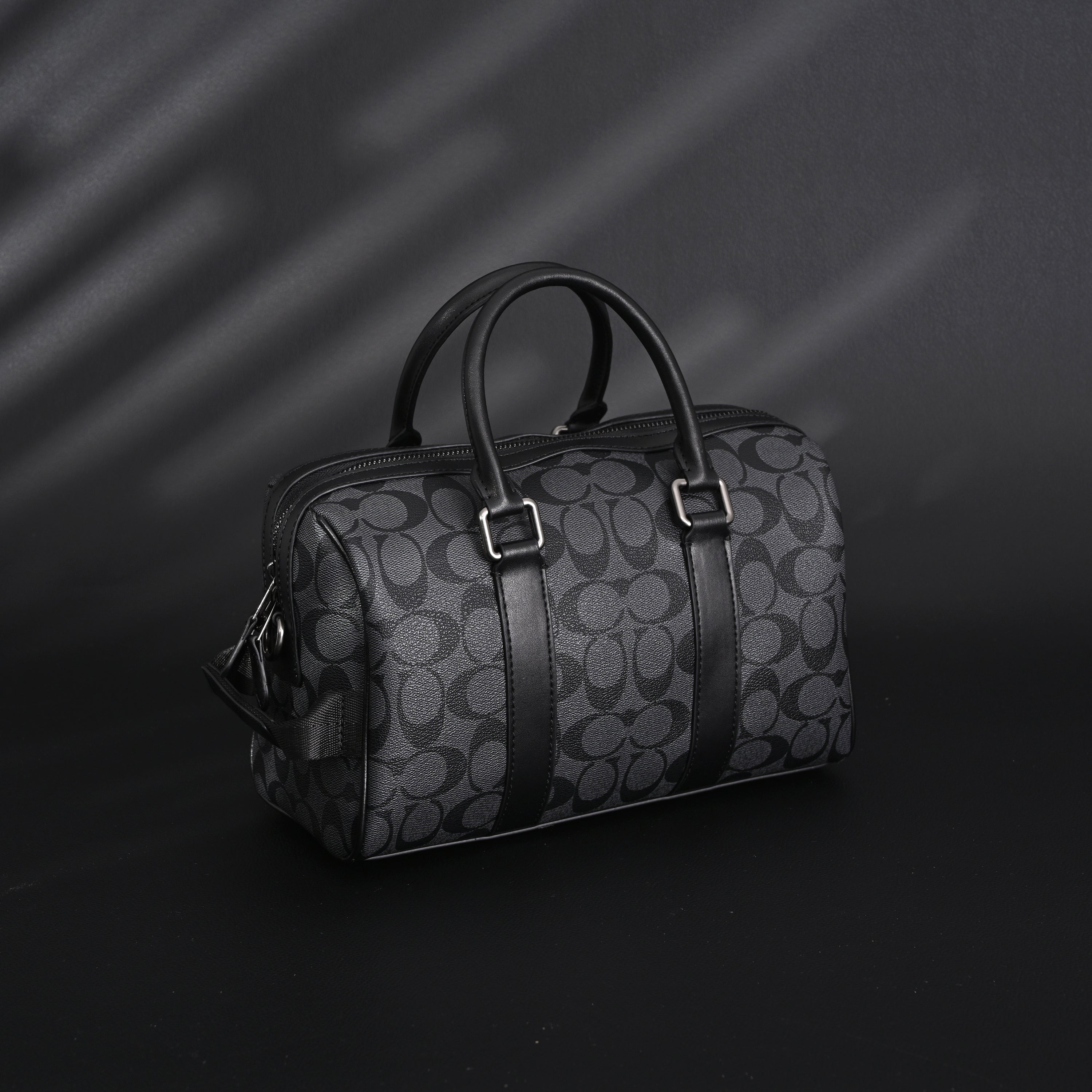 Coach Signature Duffel Bag – Black Monogram Canvas with Leather Trim