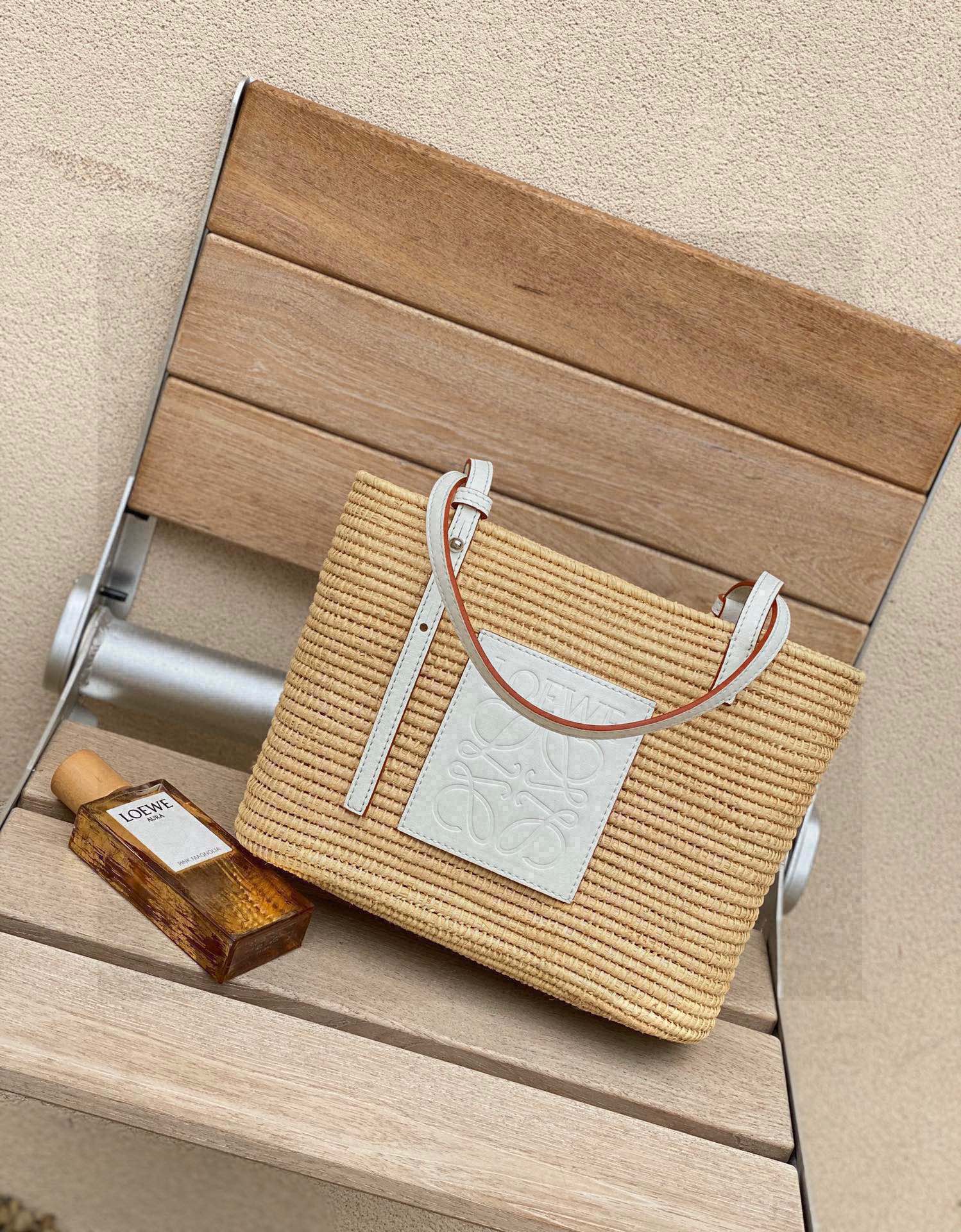 Loewe Small Square Basket Bag In Raffia And Calfskin NaturalWhite